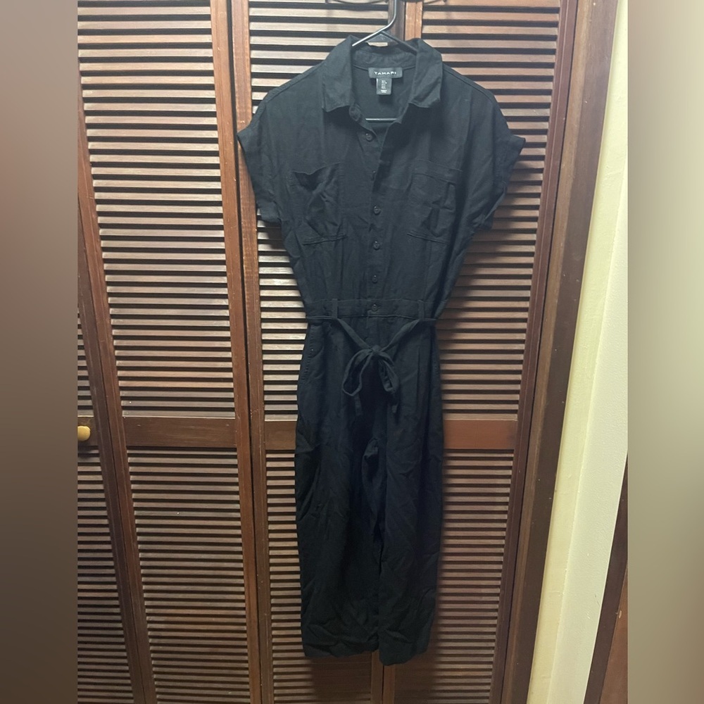 Tahari Womens Black Linen Blend Button Front Wide Leg Jumpsuit Size S Belted - Picture 6 of 7